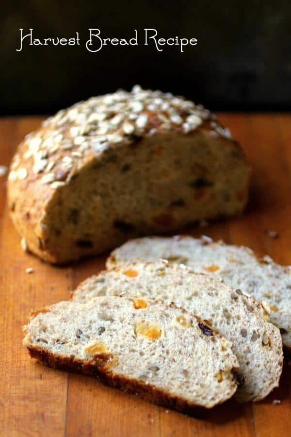 A round, crusty loaf of Harvest bread with rolled oats on top sliced to reveal the pieces of fruit throughout the bread - title image