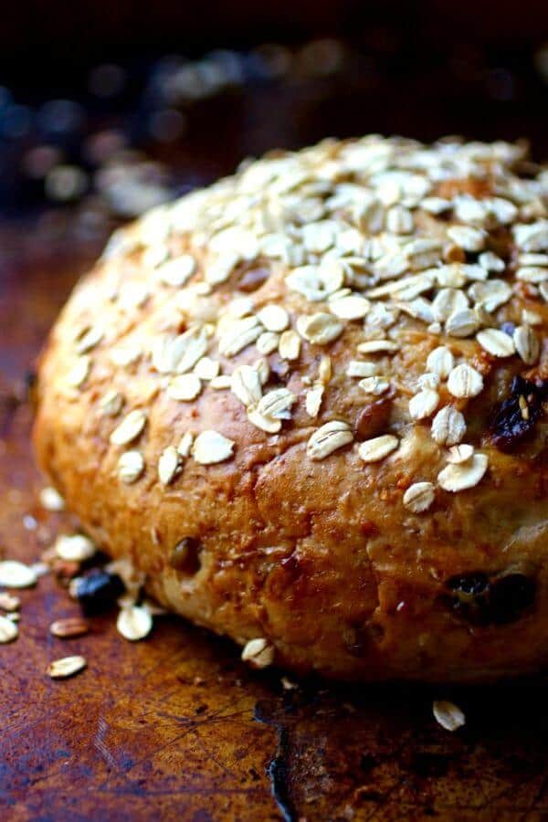 Closeup of a loaf of bread to show the crust.