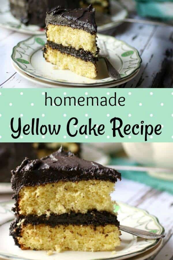 Here\'s a classic yellow cake recipe with a creamy, bittersweet chocolate icing --Homemade, from scratch, butter cake is moist and tender with old fashioned flavor. A dark chocolate fudge frosting is the perfect compliment to this easy layer cake recipe. #cakerecipes #yellowcake