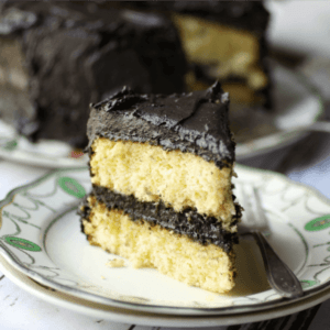 square recipe image for yellow cake recipe post - yellow layer cake with fudge frosting.