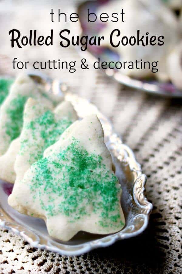 Sugar cookies cut out in Christmas tree shapes - title text overlay