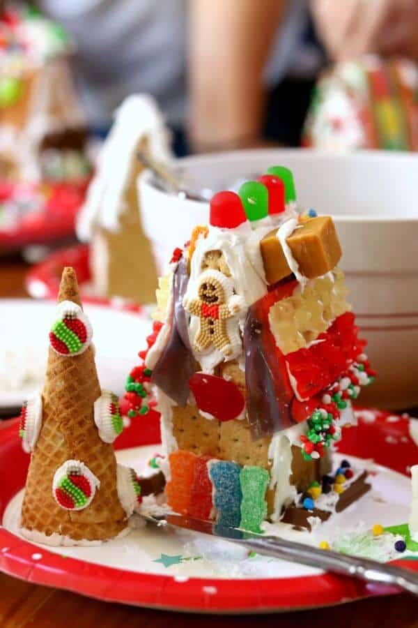 A decorated gingerbread house from this years gingerbread house party.