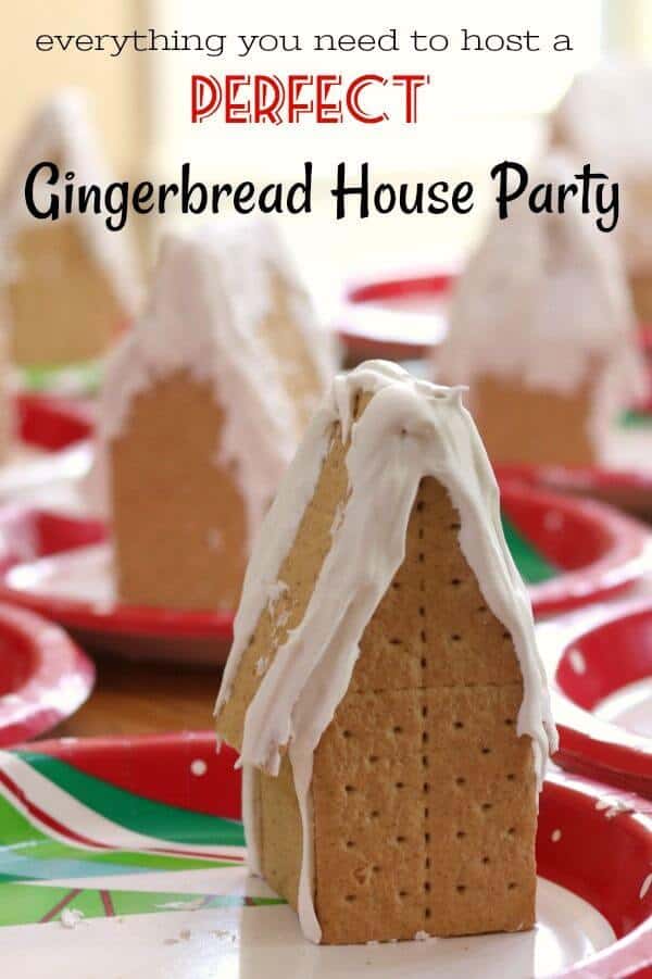 plain gingerbread houses ready to be decorated for the gingerbread house party - title image