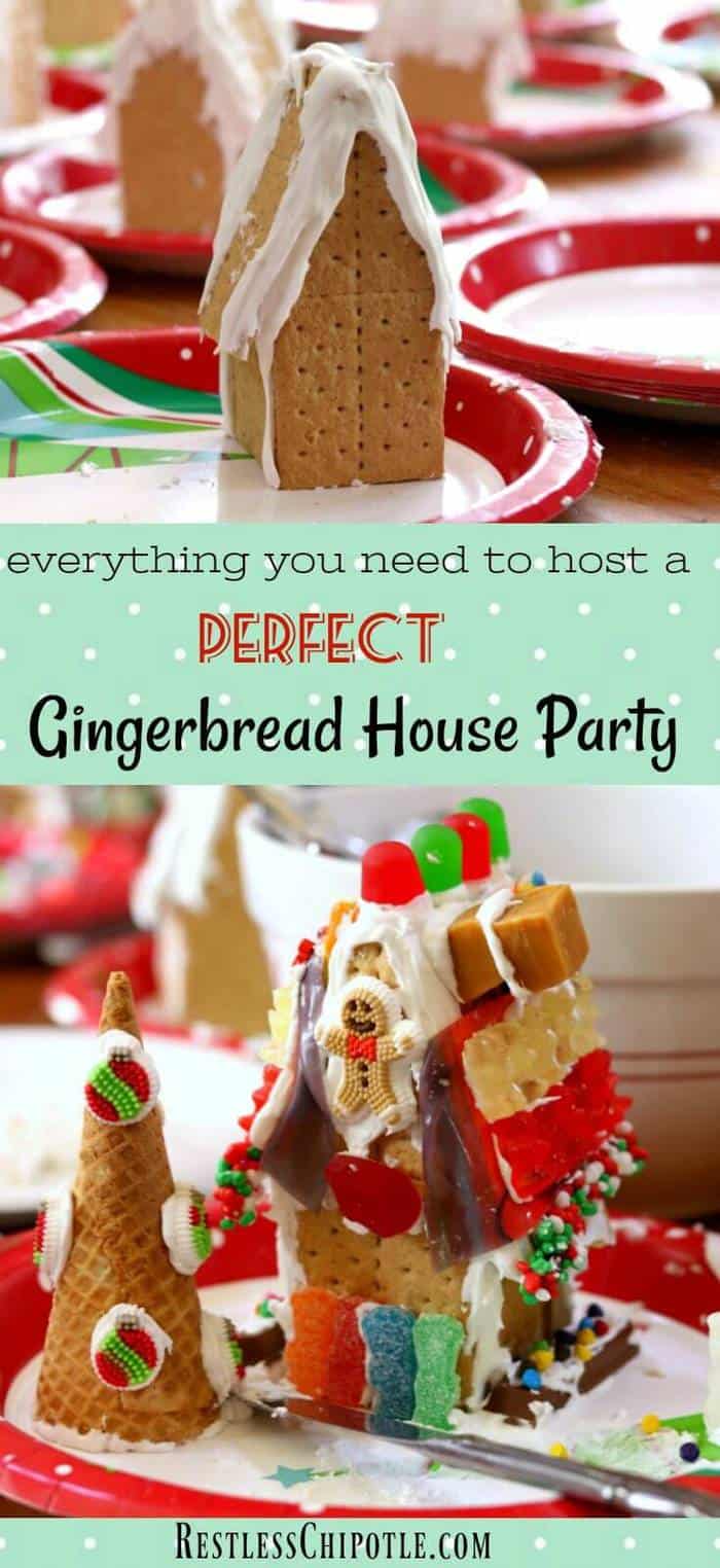 Everything you need for how to host a gingerbread house party for the holidays! Great children's Christmas party ideas and tips that adults will love, too! From RestlessChipotle.com #childrenschristmaspartyideas #gingerbreadhouse #holidaypartyideas