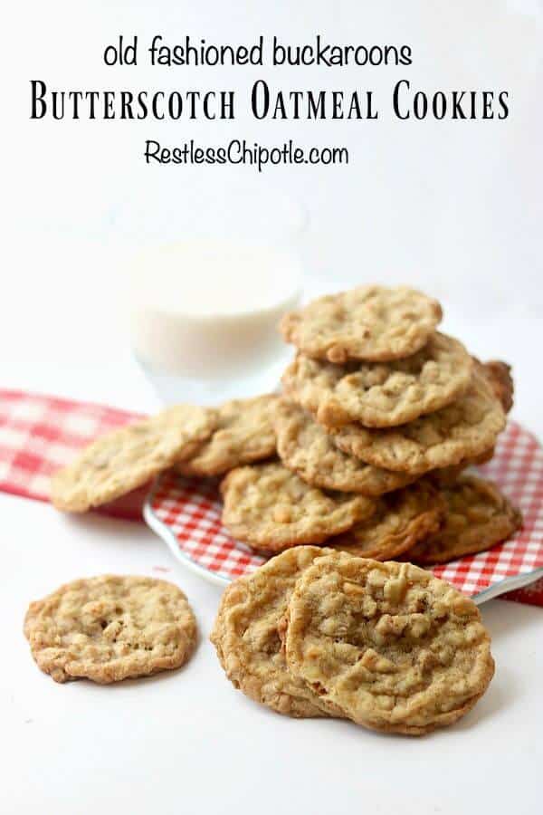 A stack of homemade cookies on a red gingham plate with title text.