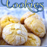 Crinkly lemon snaps cookies on a white dish with text overlay for Pinterest.