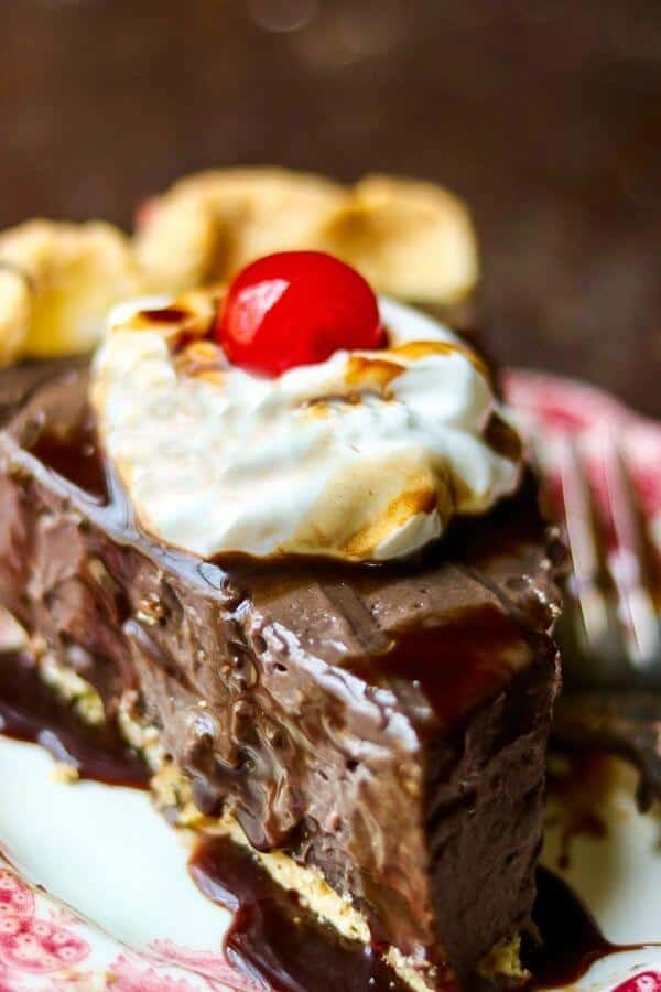 Close up of chocolate pie showing the creamy texture.