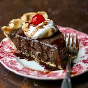 slice of chocolate pie with a cherry on top optimized for the recipe card