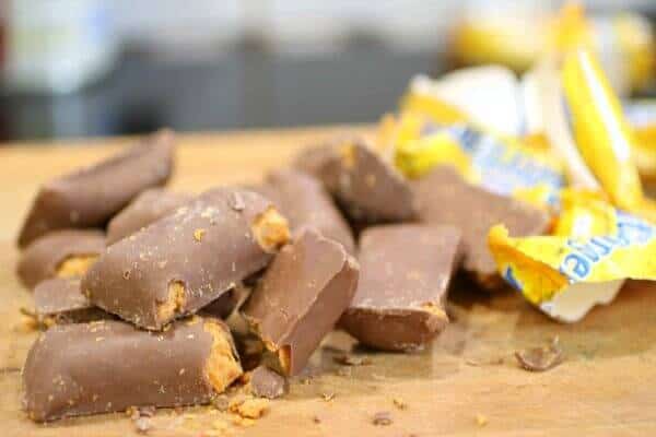 Unwrapped Butterfinger candy bars for Holy Cow Cake