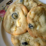 Overhead view of blueberry white chocolate cookies.