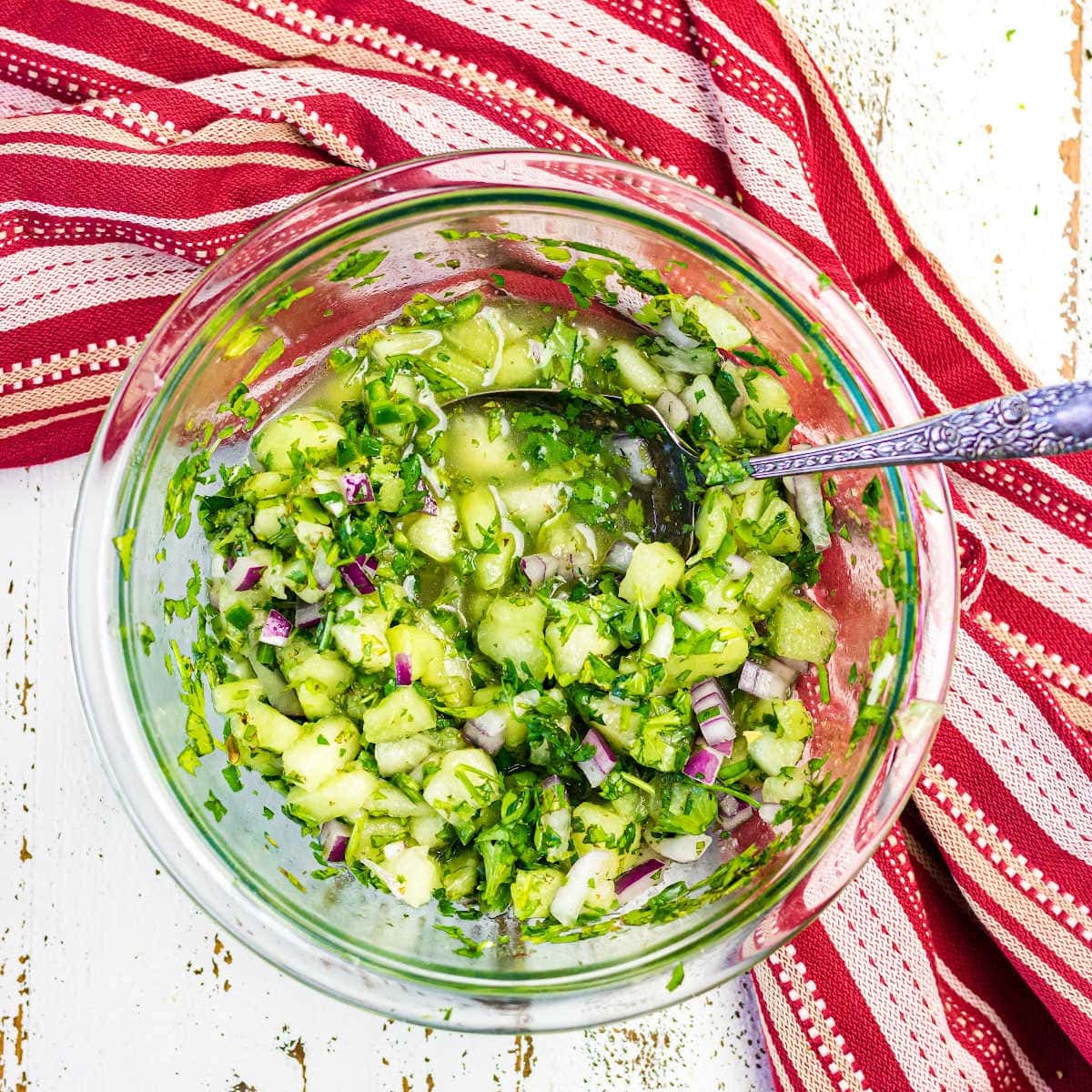 Closeup of the salsa showing the texture and ingredients.