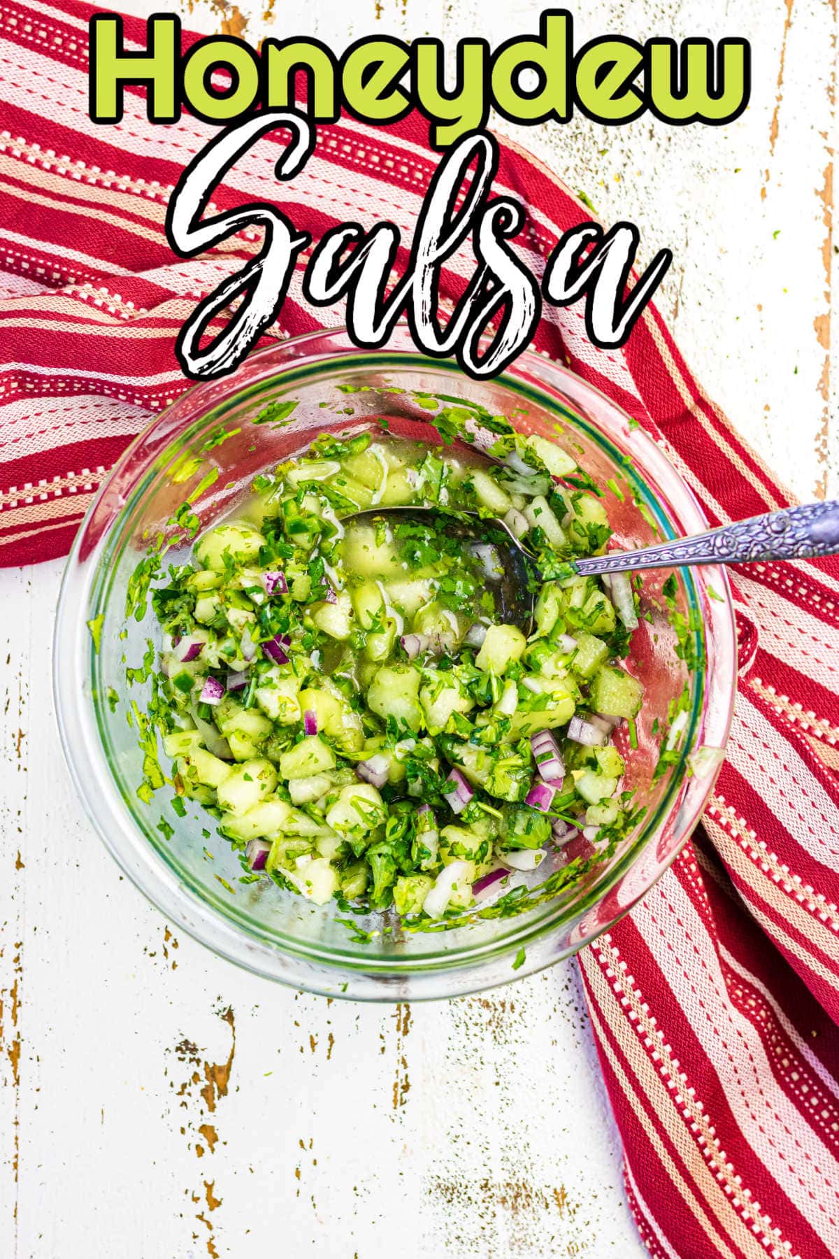 Overhead view of a bowl of honeydew salsa with title text overlay.