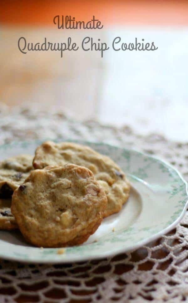 The ultimate quadruple chip cookie recipe! Chocolate chips, white chocolate chips, butterscotch chips, bittersweet chocolate chips, and toasted pecans are loaded into this easy cookie. From Restless Chipotle.com