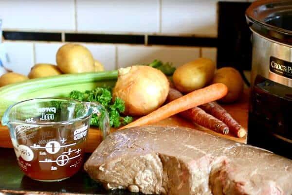 Step One: Beef, celery, onion and other pot roast ingredients are placed on the counter.