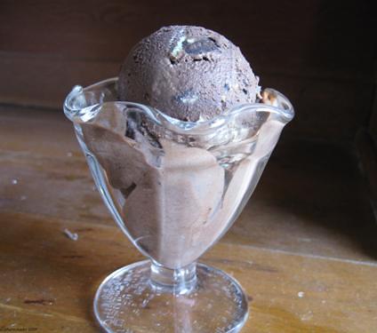 Glass ice cream dish with a scoop of chocolate oreo mint ice cream in it.