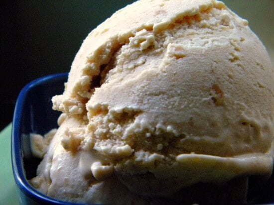 Peanut butter ice cream in a bowl.