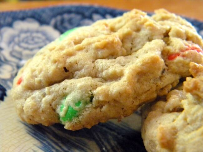 Big cookies with m&m candies on a plate.