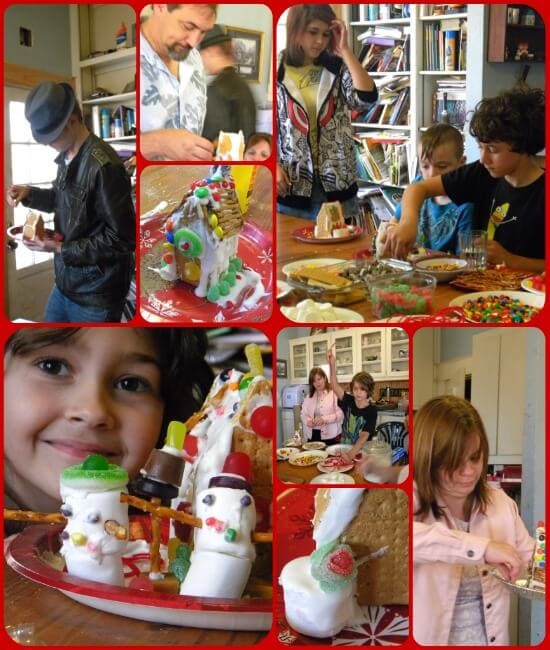 a collage of snapshots from a gingerbread house party