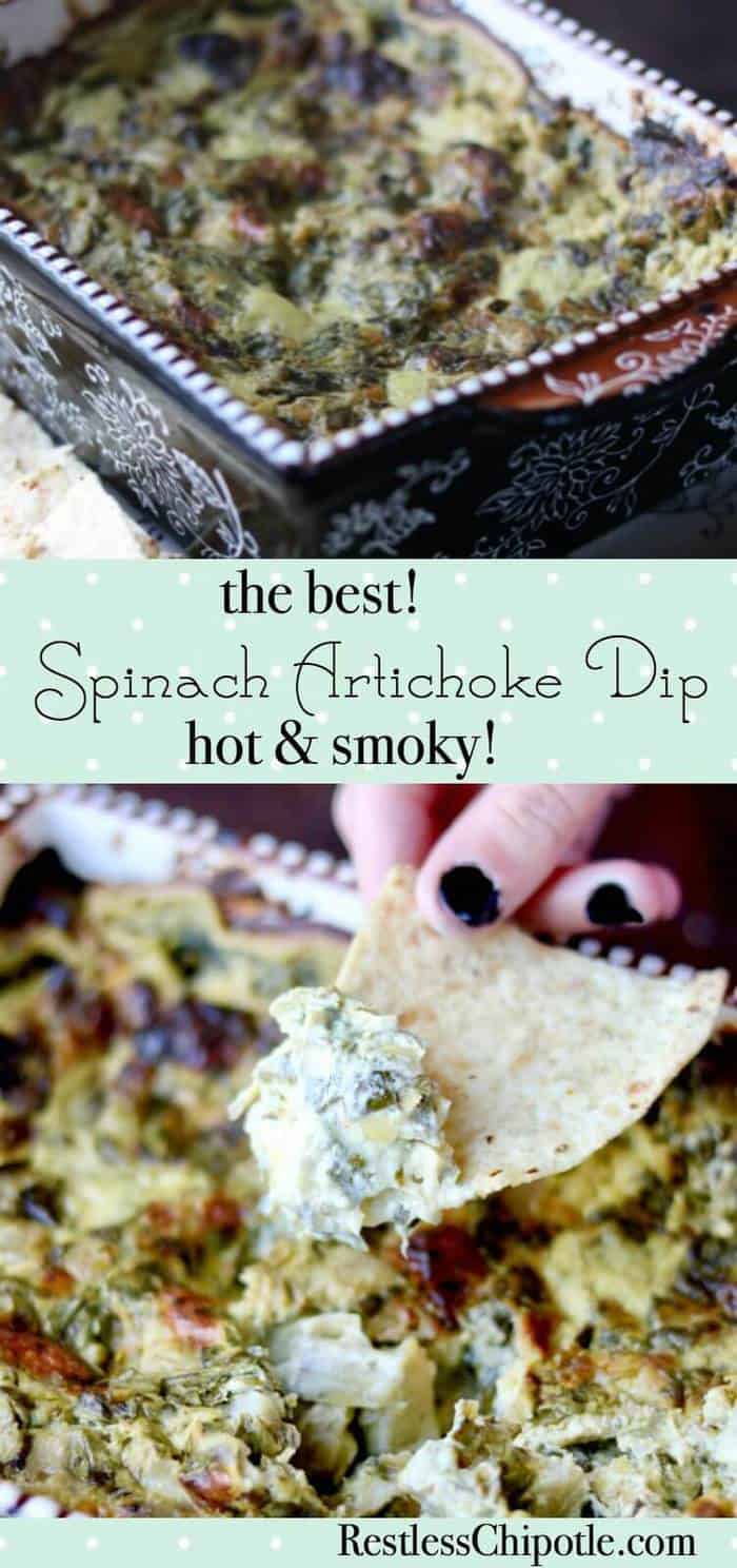 This spinach artichoke dip recipe is the best EVER! Served hot and bubbly, it has a blast of smoky flavor. From RestlessChipotle.com