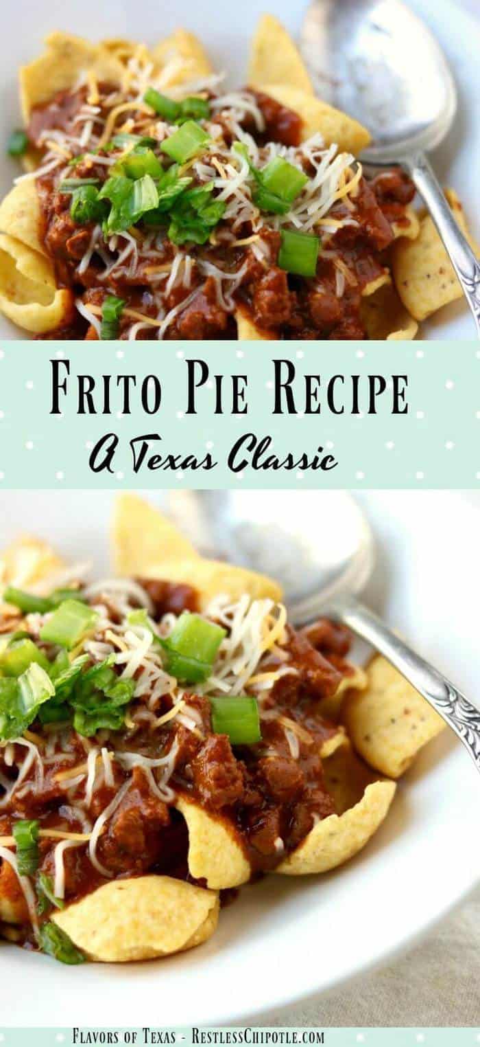 Frito pie is a classic Texas recipe that's found at nearly every high football concession stand as well as in many high end restaurants. It's quick and easy, has many variations, and is addictively good. This is the original Frito Pie recipe, created by the wife of one of the Fritos executives in the 1950s. This old-time family favorite will still bring smiles to the table today! From RestlessCHipotle.com