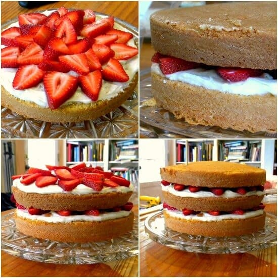 Collage showing how to assemble the cake.
