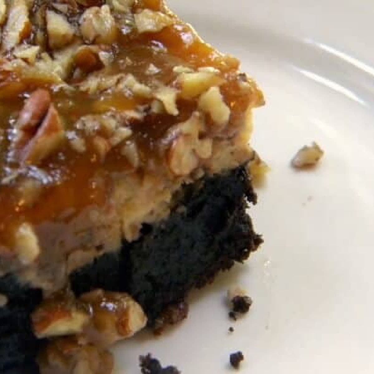 Closeup of a brownie with a layer of praline cheesecake on top.