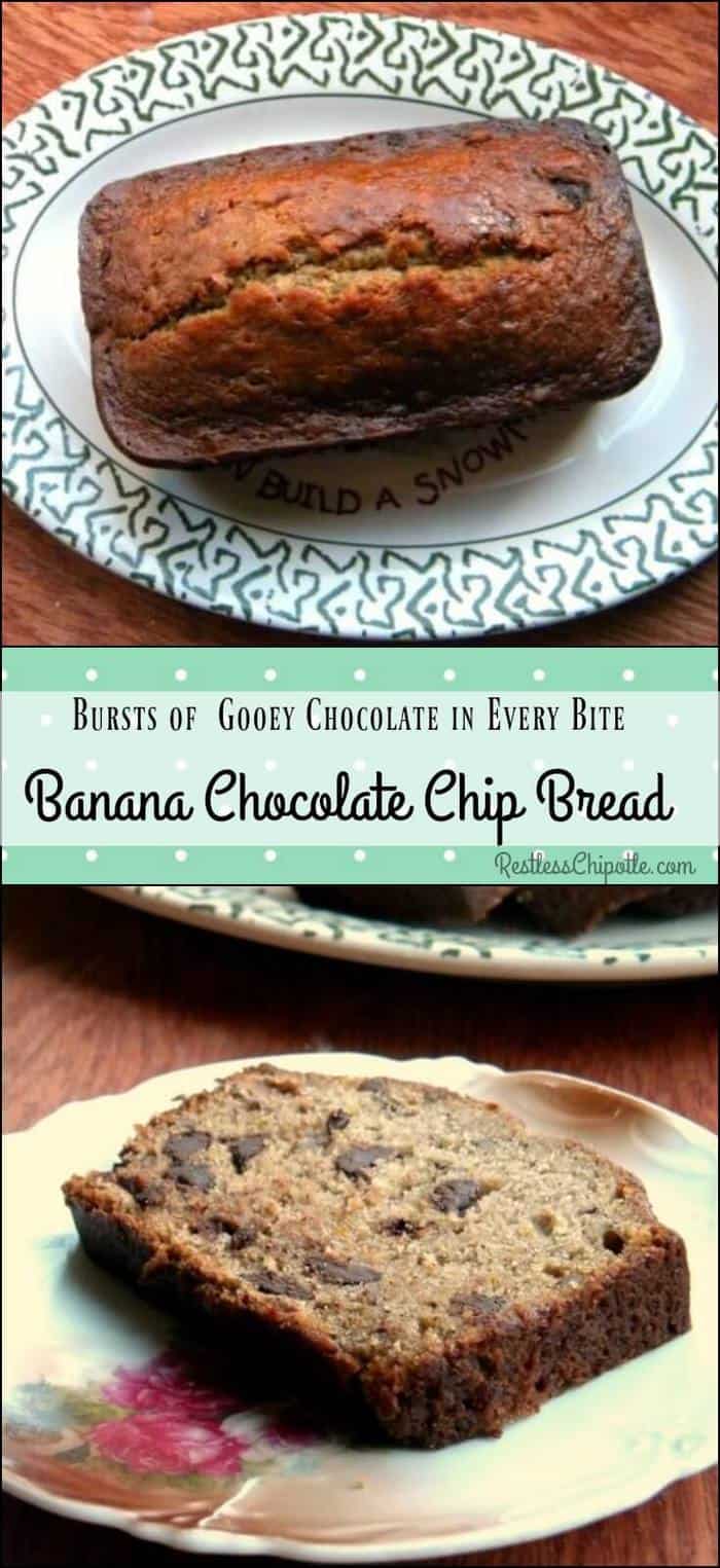 Chocolate chip banana bread recipe is moist banana bread with bursts of gooey dark chocolate throughout. Addictive! From RestlessChipotle.com #recipe #bananas #easy