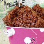 Pink Bucket with krispie treats inside. Text overlay for Pinterest pinning.