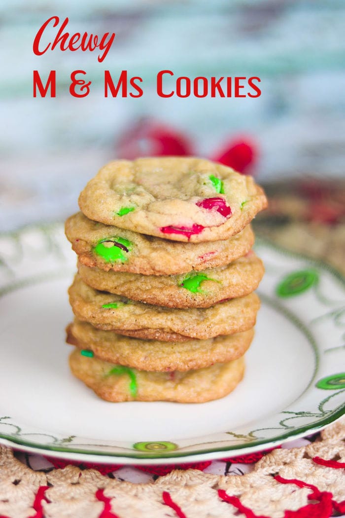 Chewy m&m cookies are full of buttery goodness, peanut butter, and plenty of chocolaty M&Ms. Change the colors of the candied for different seasons and holidays! Optional instructions for omitting peanut butter. #cookies #recipes #M&Ms #drop #easy #chocolatechip