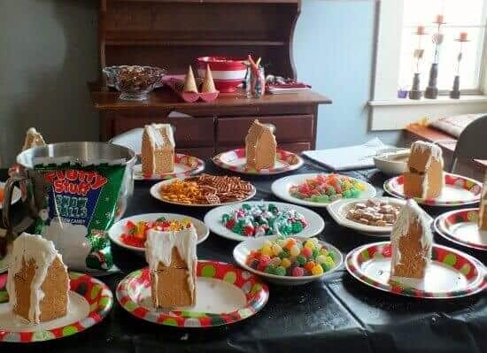 Gingerbread house party supplies on the table