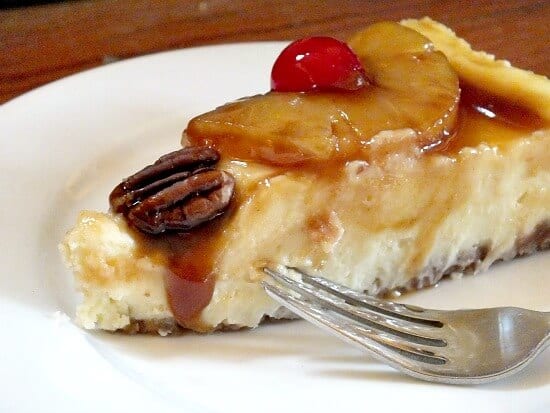 Slice of homemade pineapple upside down cheesecake.