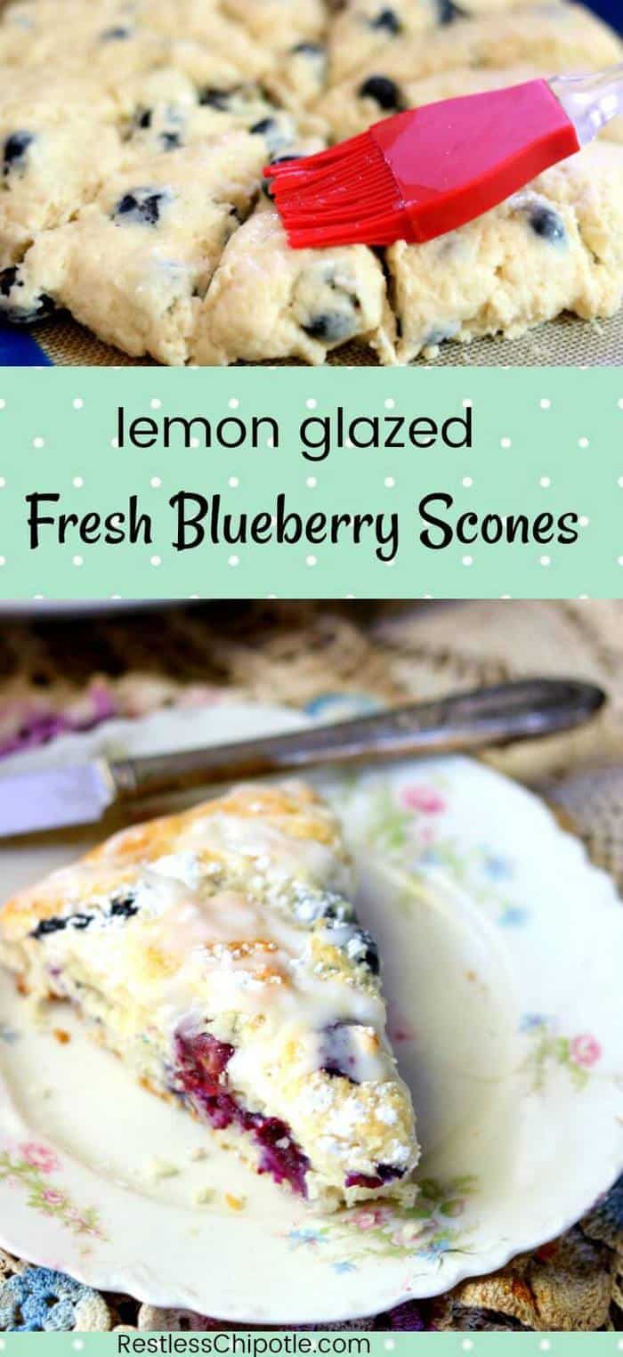 These easy lemon blueberry scones with their tangy lemon glaze taste just like a bite of summer - this recipe is a family favorite. Lots of plump, ripe blueberries are enveloped in a buttery, flaky dough with just a hint of lemon. Hints for making perfect scones included! from RestlessChipotle.com #BlueberryScones #blueberrysconesrecipe #lemonblueberryscones