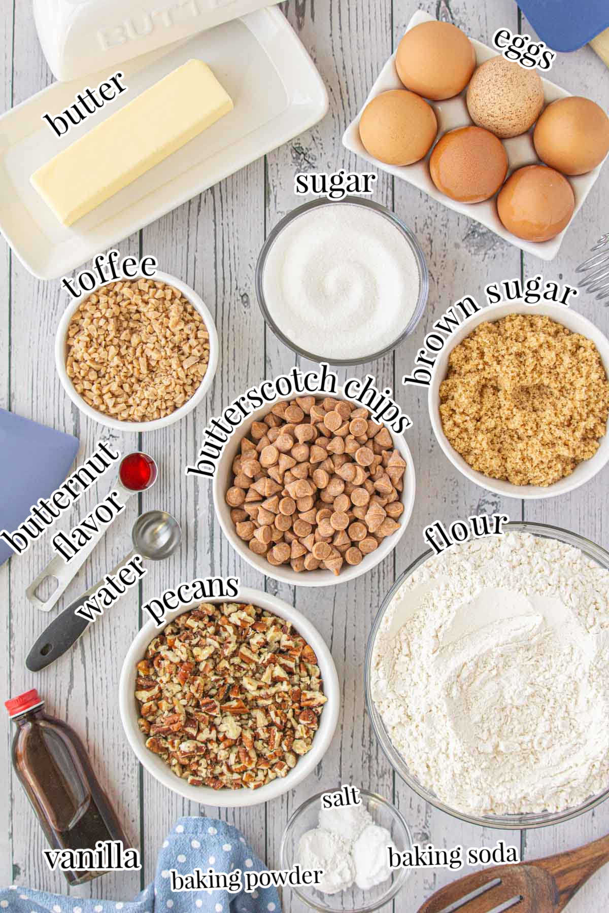Labeled ingredients for butter pecan toffee cookies recipe.