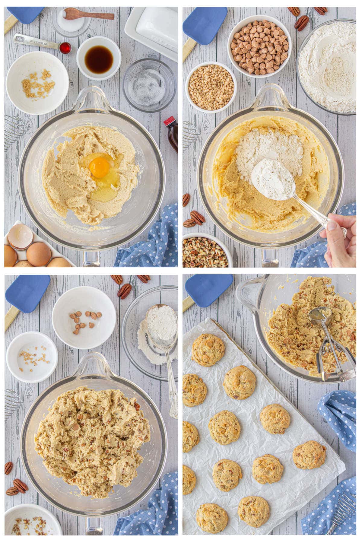 Step by step images showing how to make these chewy butter pecan toffee cookies.