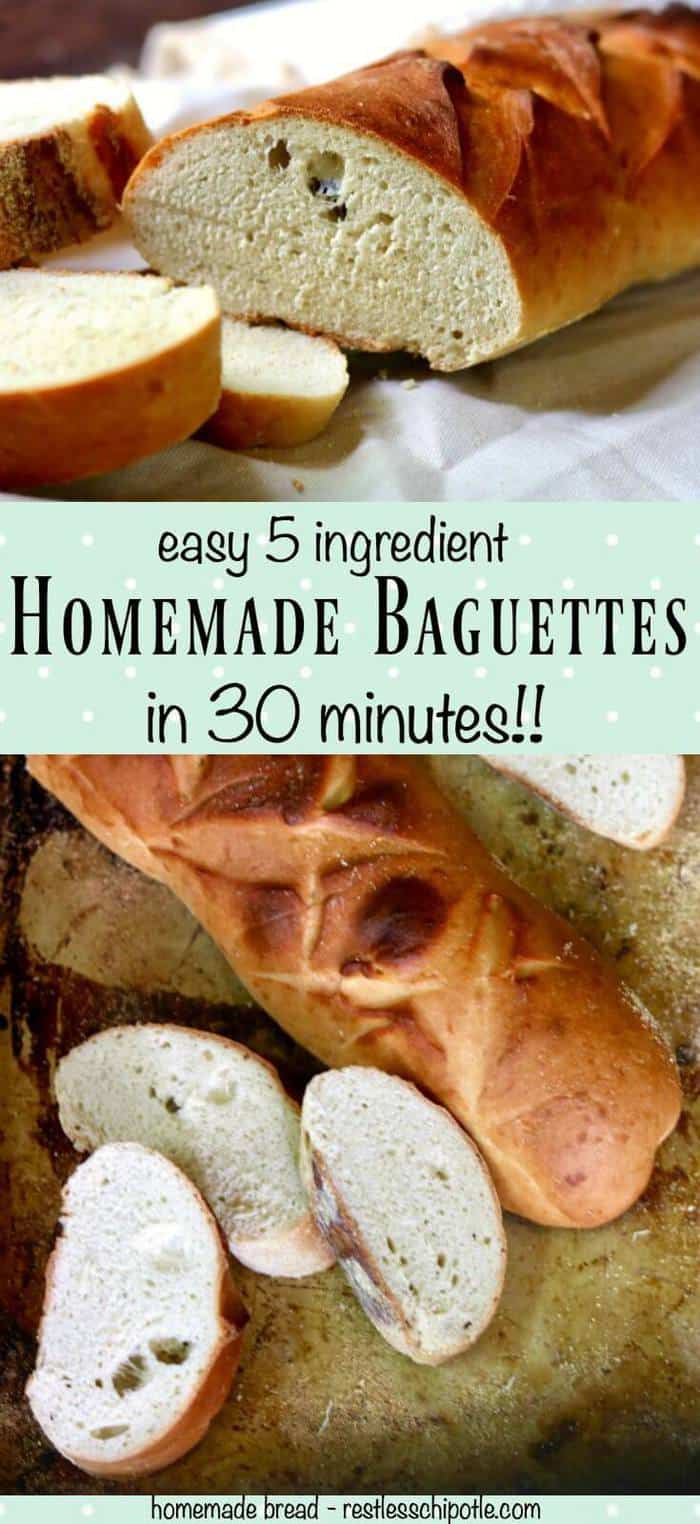 Quick and easy, this homemade baguette recipe is ready in 30 minutes. So easy a beginning bread baker can make it. From RestlessChipotle.com