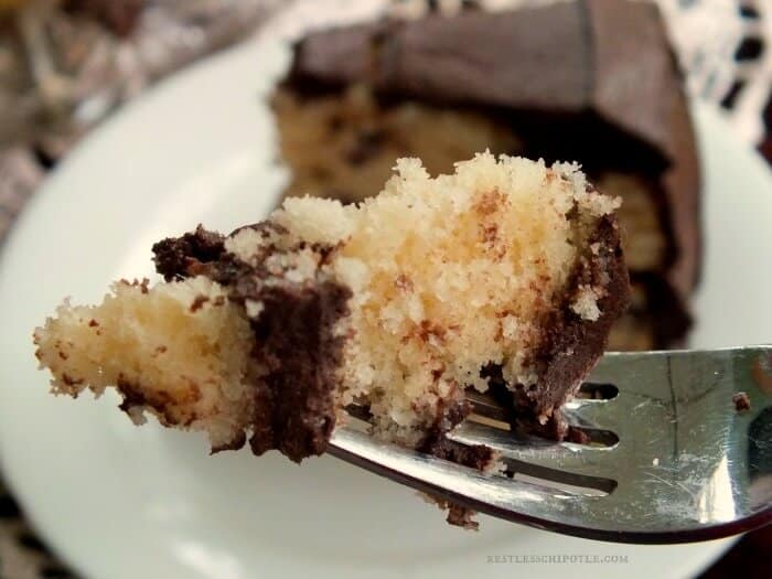 A piece of cake on a fork.
