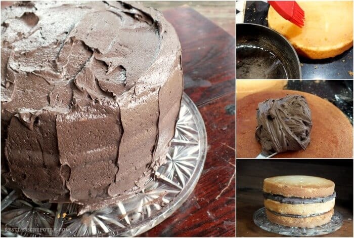 Collage showing steps to assembling this cake.