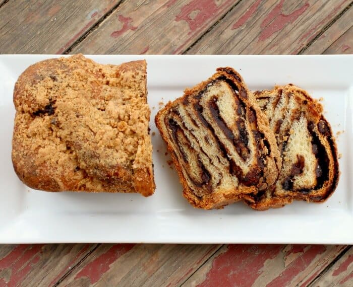 chocolate and chipotle babka sliced