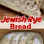 A collage of images of Jewish rye bread with a title text overlay for Pinterest.