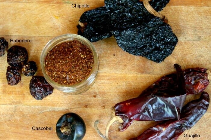 Dried chiles to use in homemade chili powder - each variety is labeled.