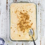 Overhead shot of a pan of Nutter Butter banana pudding for featured image.