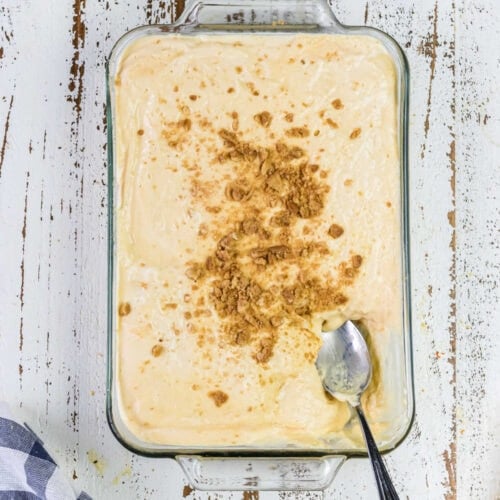 Overhead shot of a pan of Nutter Butter banana pudding for featured image.