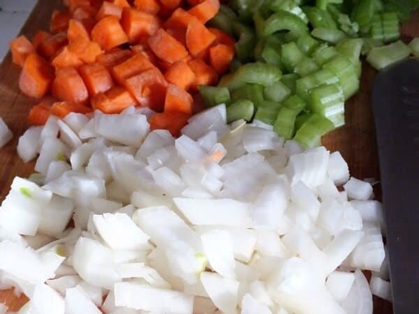 Diced onions, celery, and carrots for mirepoix.