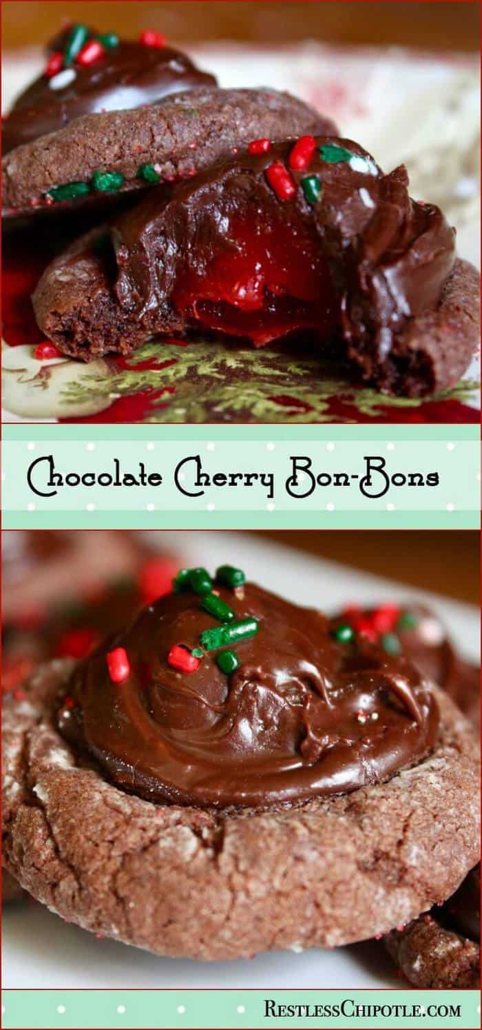 Dark chocolate cookie, sweet Maraschino cherry, and a rich chocolate truffle topping create these beautiful, easy chocolate covered cherry Christmas cookies! From RestlessChipotle.com