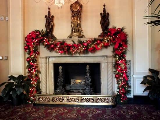 Fireplace in the lobby of the St Anthony hotel in San Antonio at Christmas -restlesschipotle.com