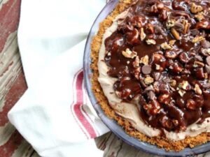 top view of pie with chocolate topping