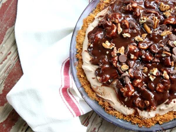 top view of pie showing pecans, marshmallows and chocolate