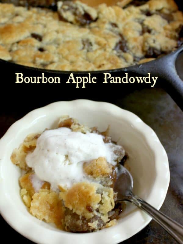 Apple pandowdy in a serving dish with a skillet in the background. Title text overlay.