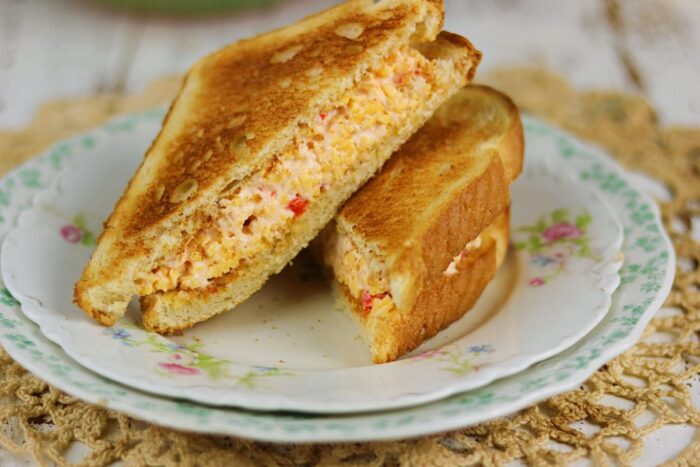 Pimento cheese sandwich showing the filling