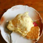 Overhead view of ice cream on a plate.